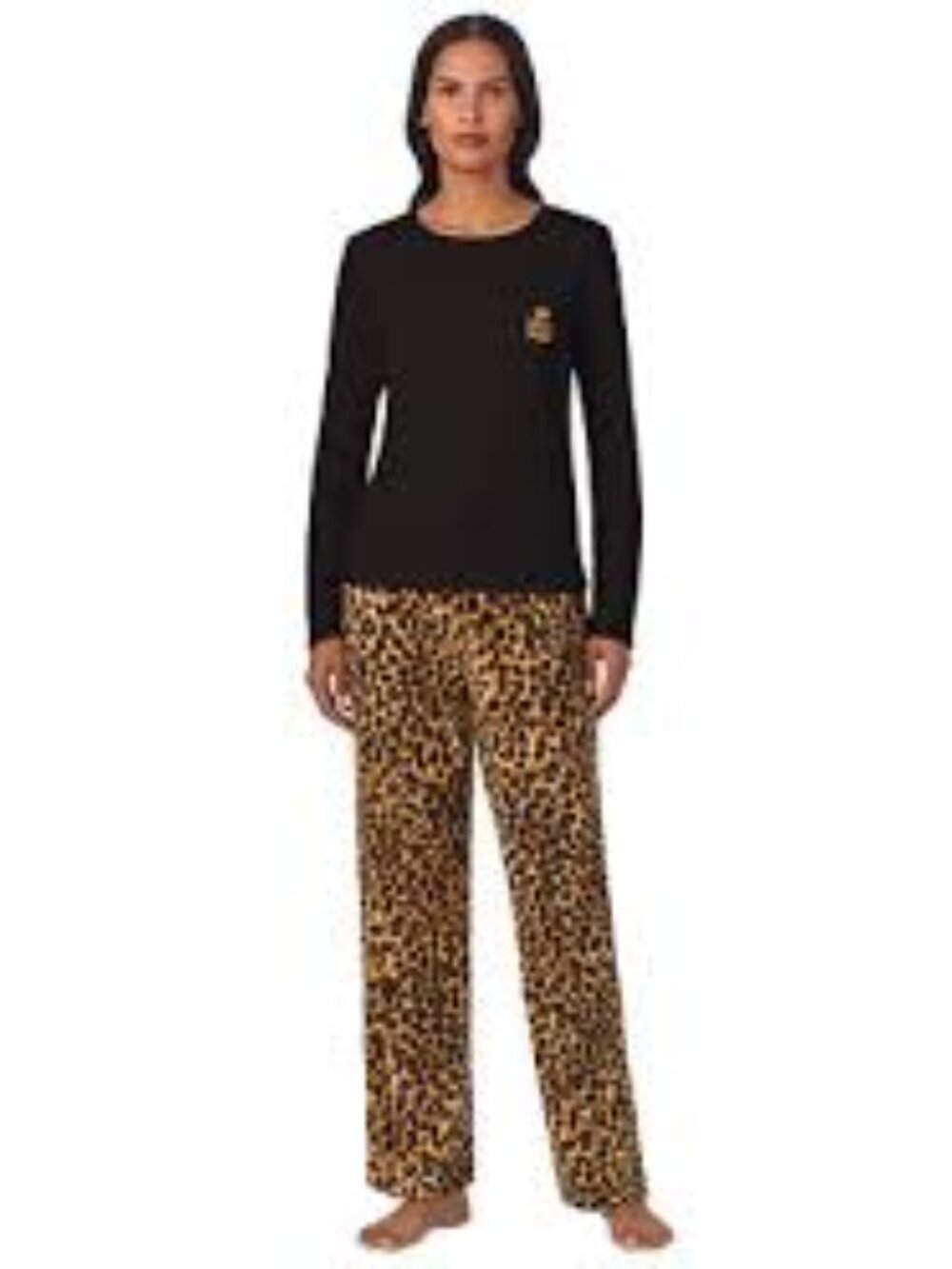 Pajama Set Lauren Ralph Lauren Black Top with Leopard Print Pants Large